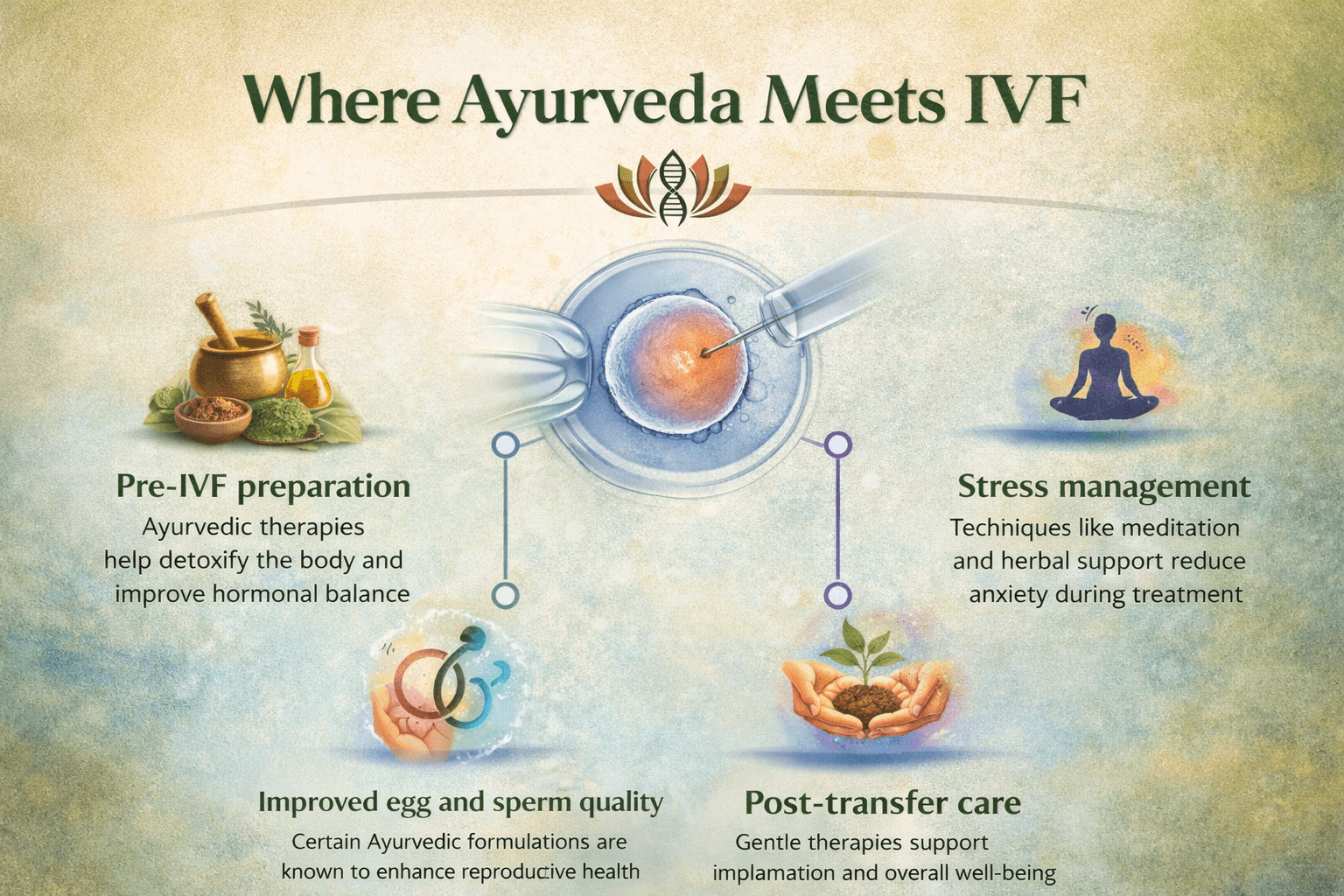 Where Ayurveda meets IVF infographic showing pre IVF care stress management fertility improvement and post transfer support