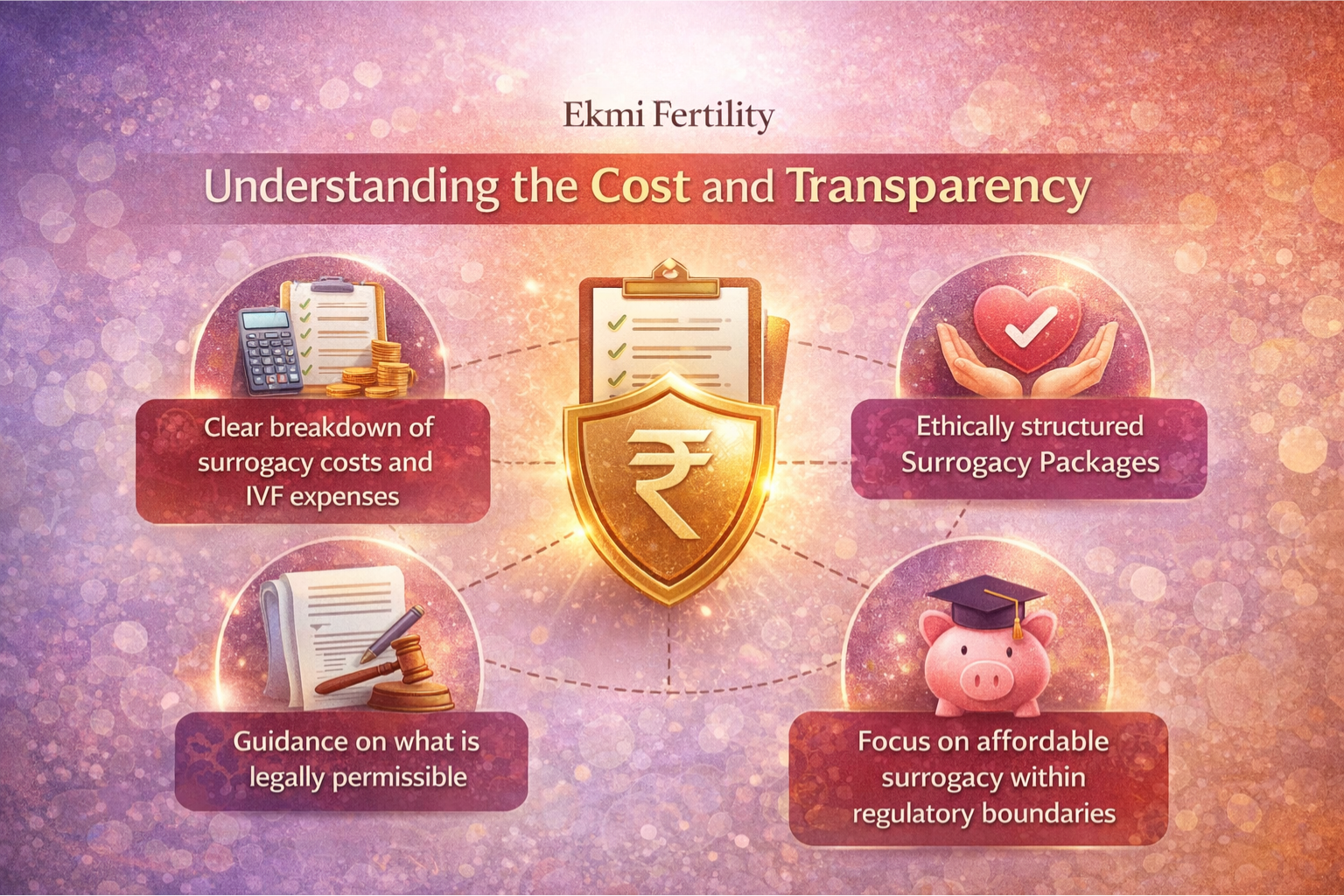 Surrogacy cost and transparency infographic showing packages legal guidance and affordable surrogacy breakdown