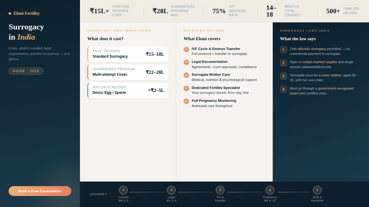 Cost breakdown, what's included in surrogacy packages, journey timeline, and surrogacy laws in India