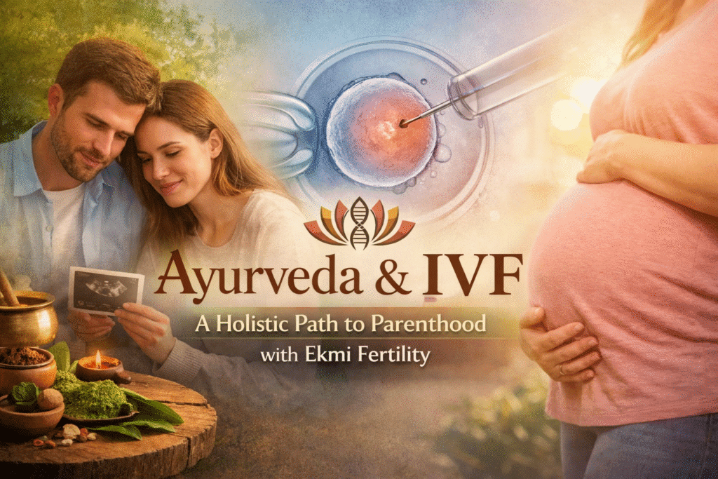 Ayurveda and IVF holistic fertility treatment showing couple, IVF procedure, and surrogate pregnancy concept
