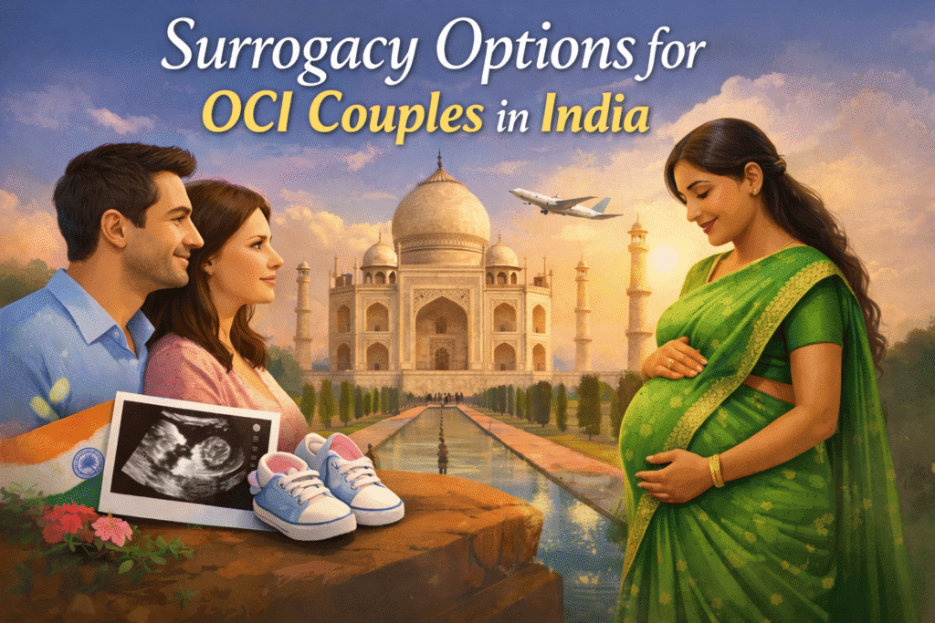 OCI couples exploring surrogacy in India with surrogate mother and fertility journey illustration