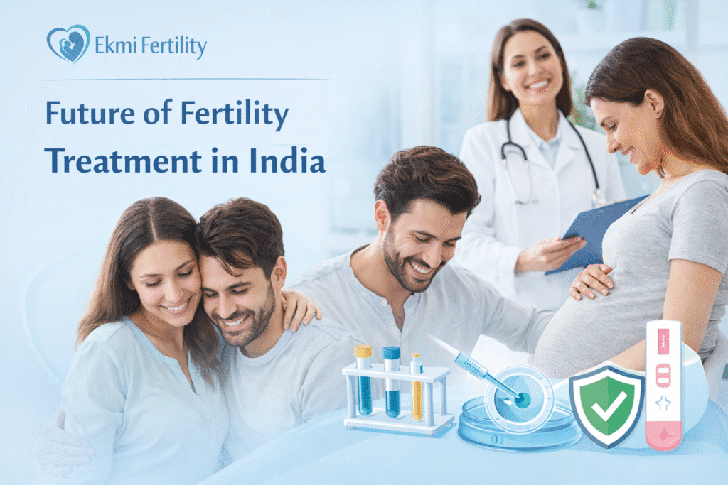 Couple with surrogate mother and fertility specialist representing IVF and surrogacy treatment journey in India by Ekmi Fertility