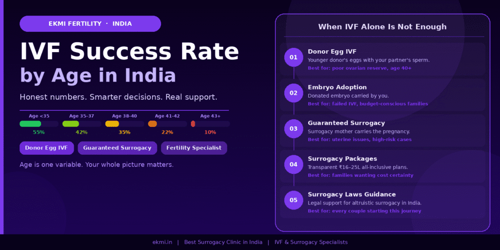 age-wise IVF success summary and five alternatives including donor egg IVF, embryo adoption, guaranteed surrogacy program, surrogacy packages, and legal guidance for couples in India